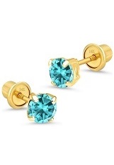 handsome yellow gold 4mm round basket March birthstone baby earrings